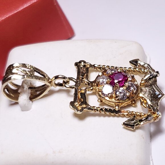 Vintage Gents .95ctw Rd Lab Ruby & CZ Ships Wheel & Anchor 10Kt YG Pendant#23075 - Picture 1 of 6